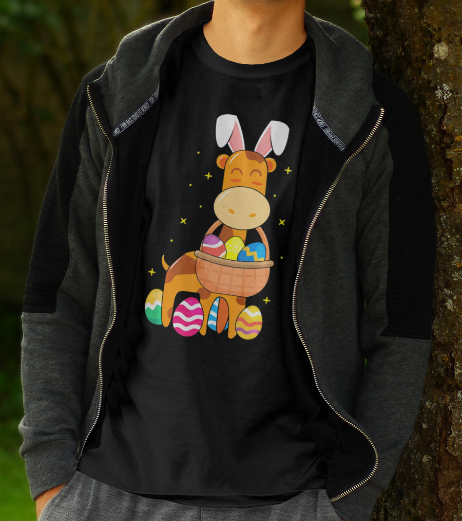 Giraffe Easter Egg Bunny Holding Basket Of Colorful Eggs And Wearing Bunny Ears T-Shirt