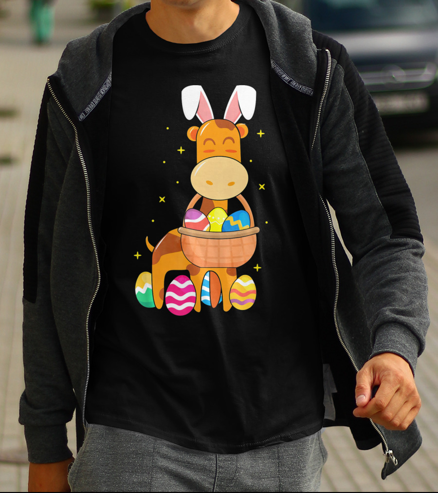 Giraffe Easter Egg Bunny Holding Basket Of Colorful Eggs And Wearing Bunny Ears T-Shirt