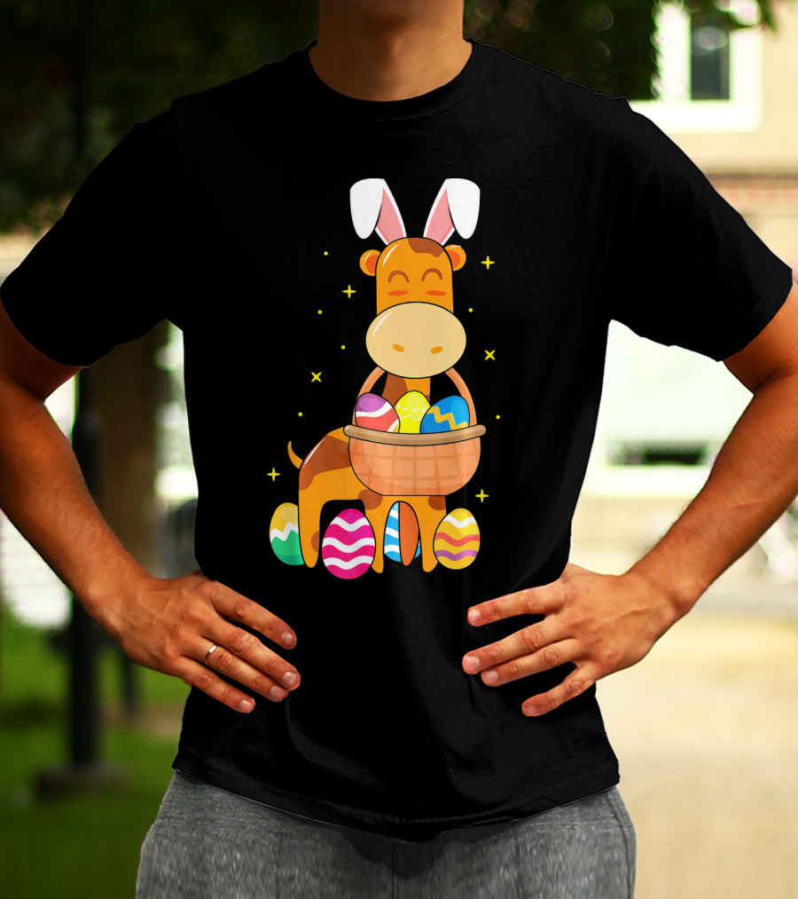Giraffe Easter Egg Bunny Holding Basket Of Colorful Eggs And Wearing Bunny Ears T-Shirt