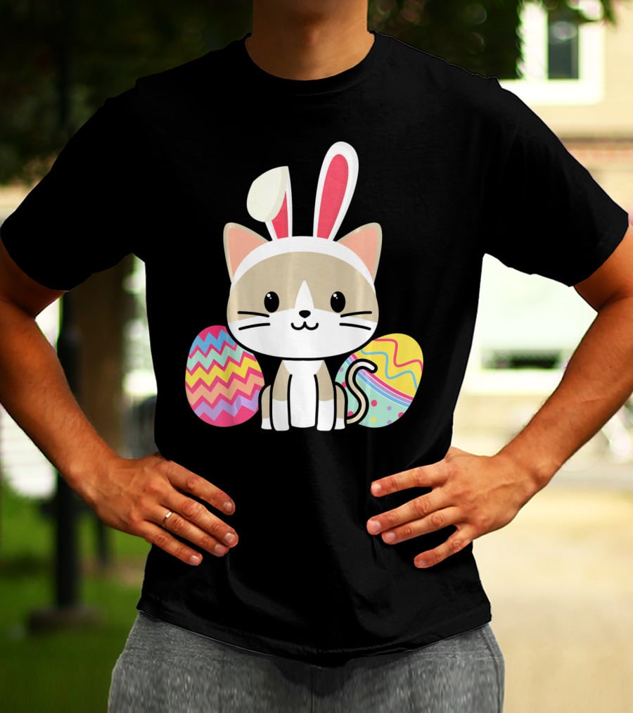 Easter Cat With Bunny Ears And Colorful Easter Eggs T-Shirt