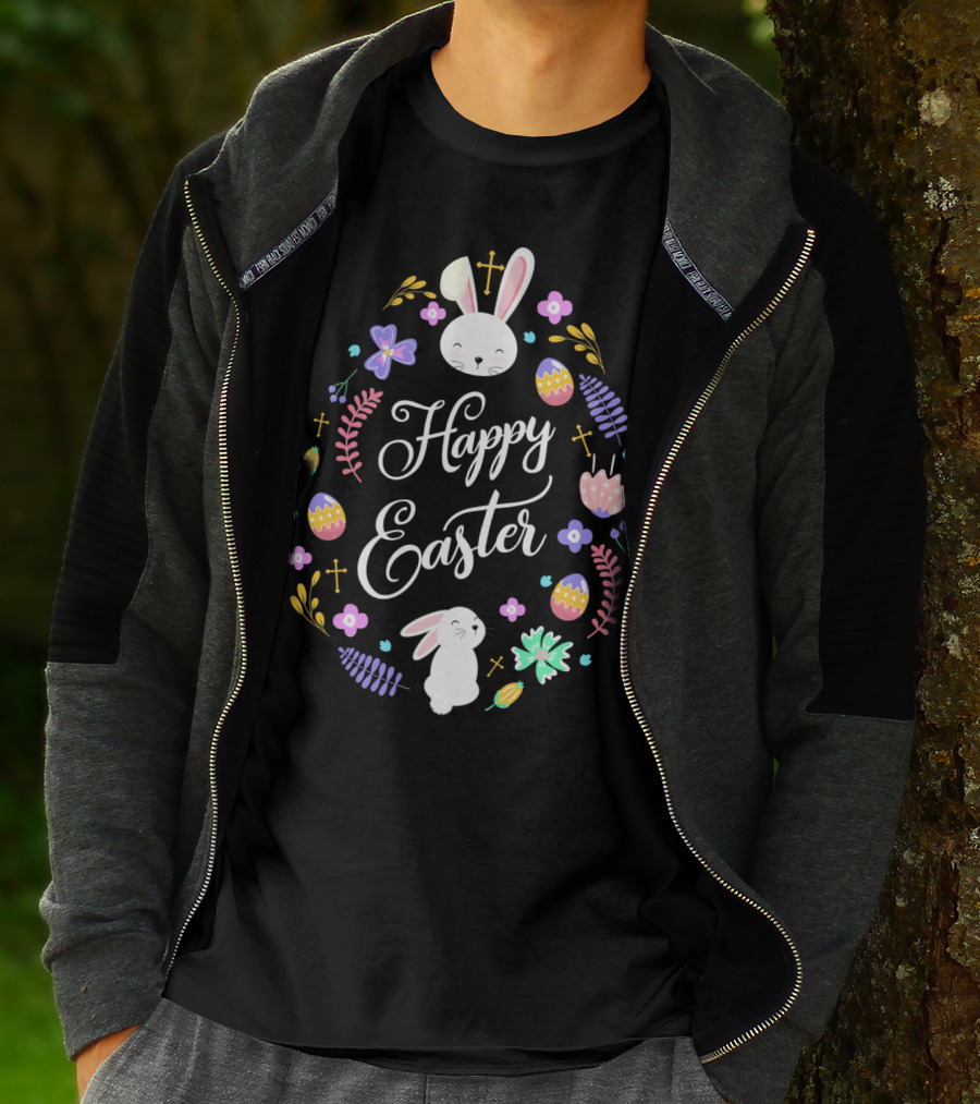 Happy Easter Christian Bunny Eggs Flowers Crosses T-Shirt