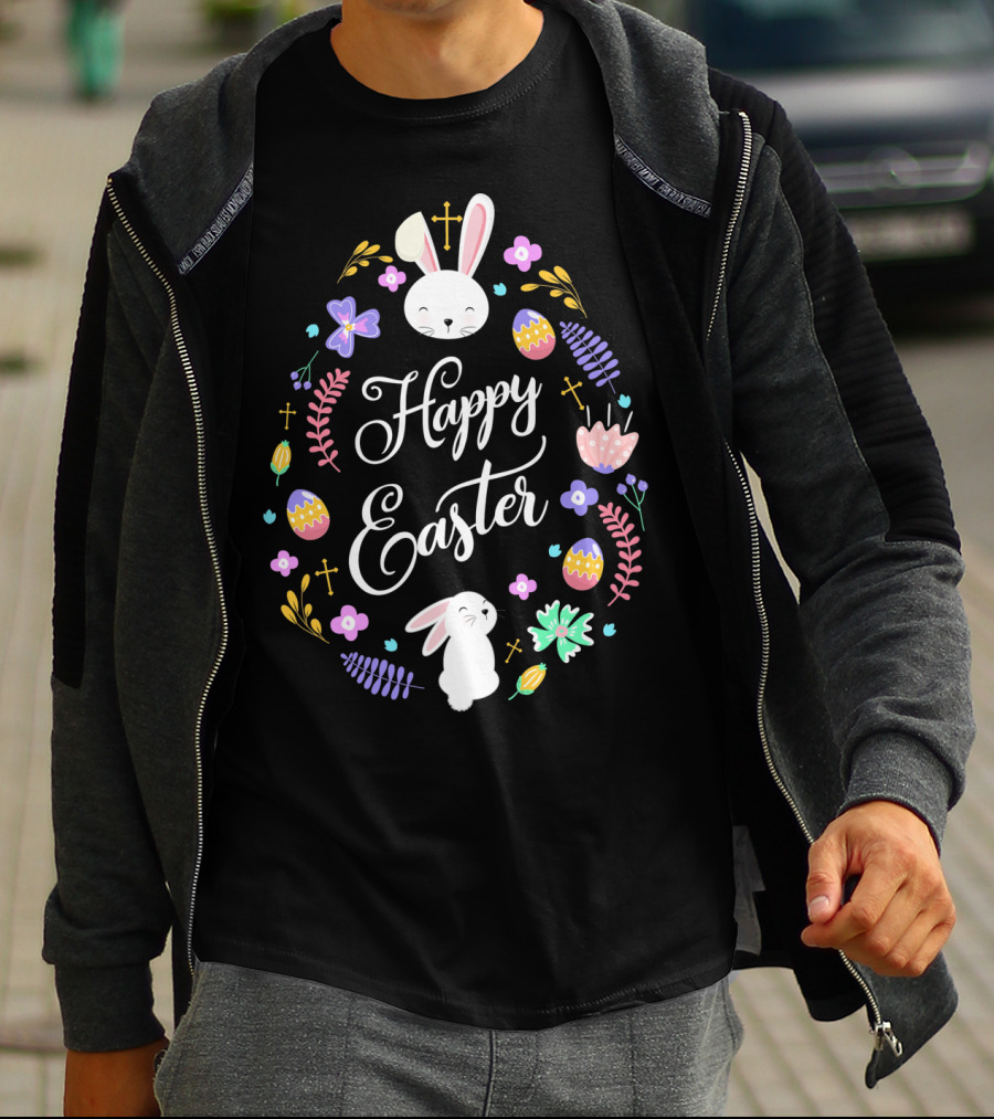 Happy Easter Christian Bunny Eggs Flowers Crosses T-Shirt