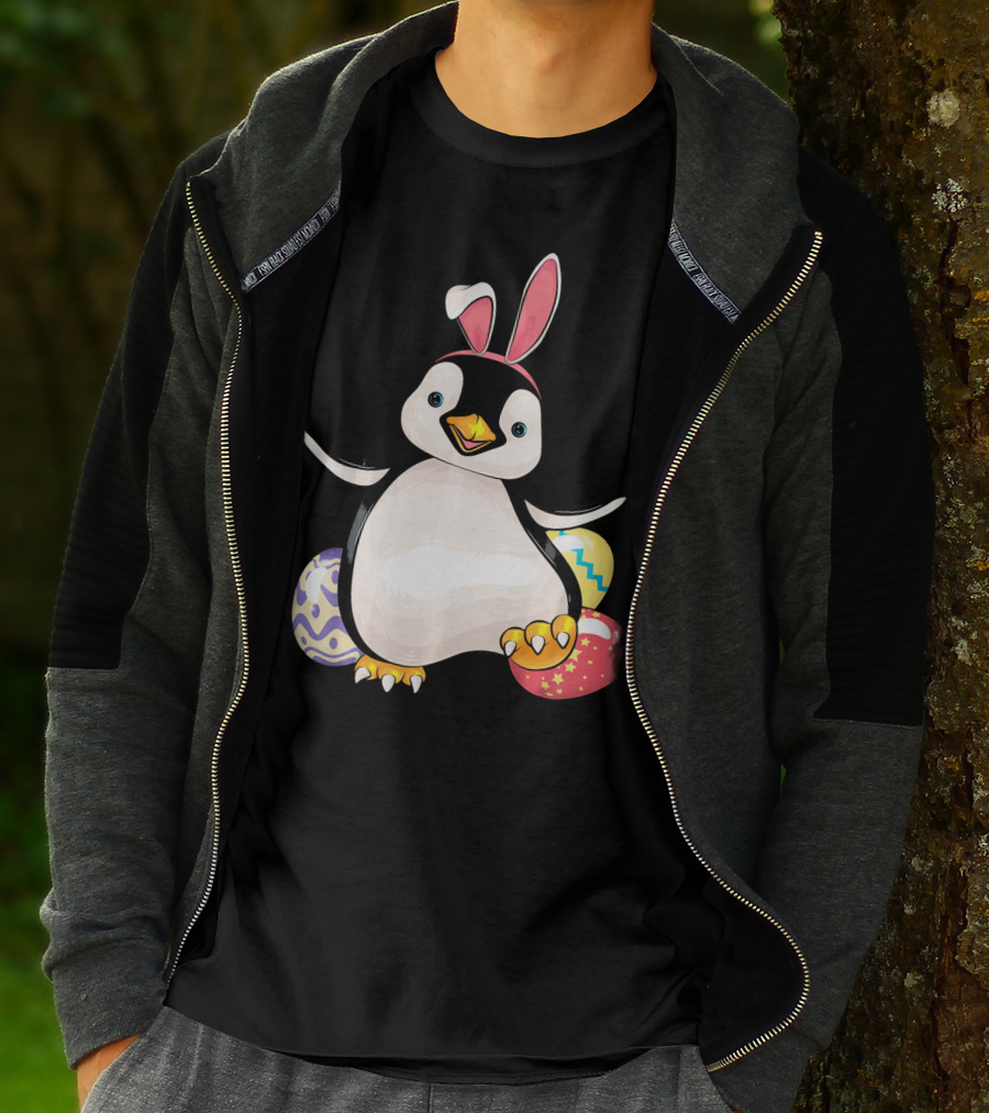 Penguin Bunny Easter With Colorful Eggs T-Shirt