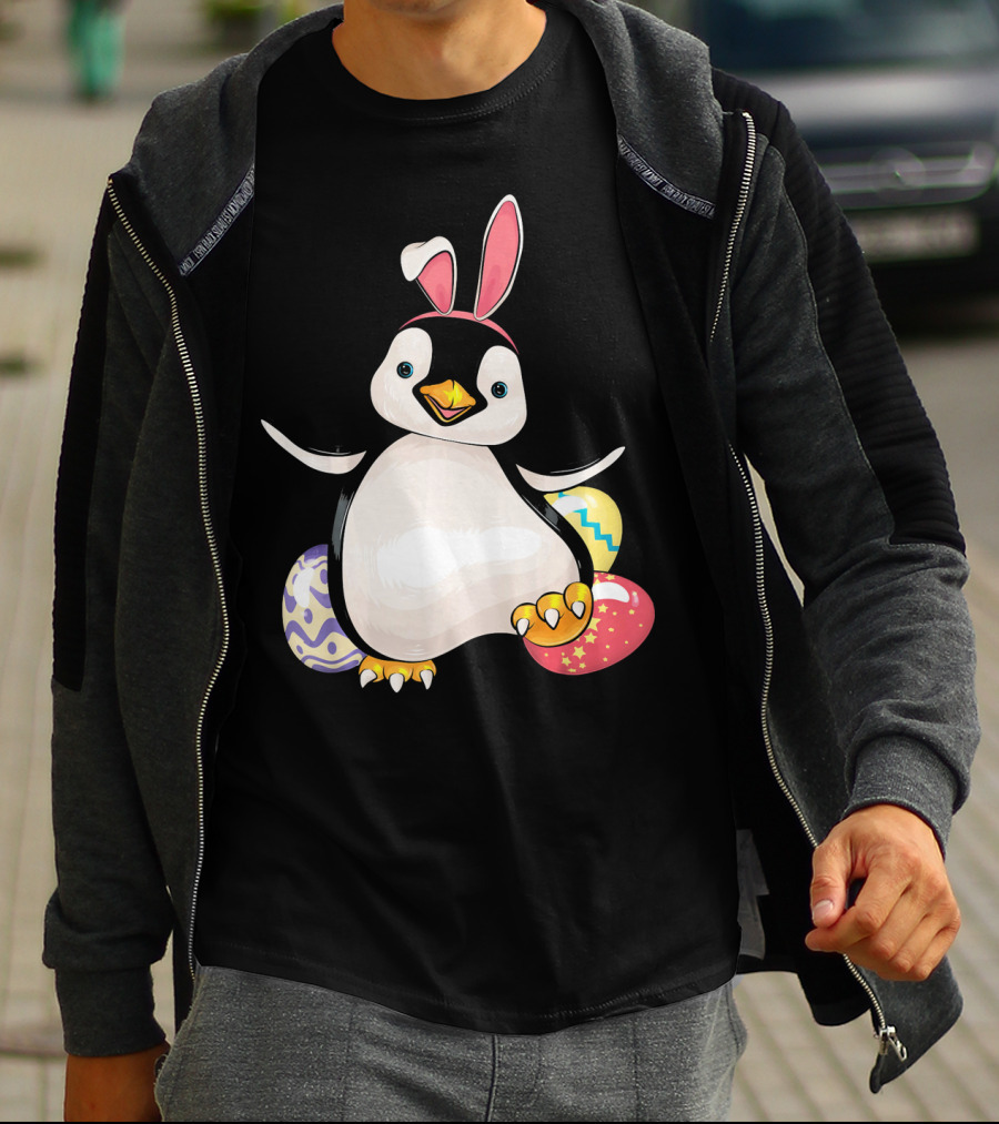 Penguin Bunny Easter With Colorful Eggs T-Shirt