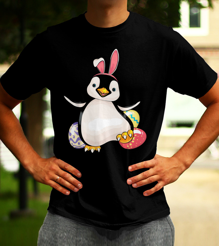 Penguin Bunny Easter With Colorful Eggs T-Shirt