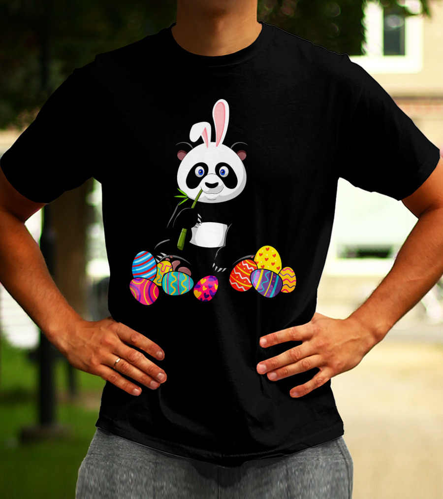 Panda With Bunny Ears And Colorful Easter Eggs T-Shirt