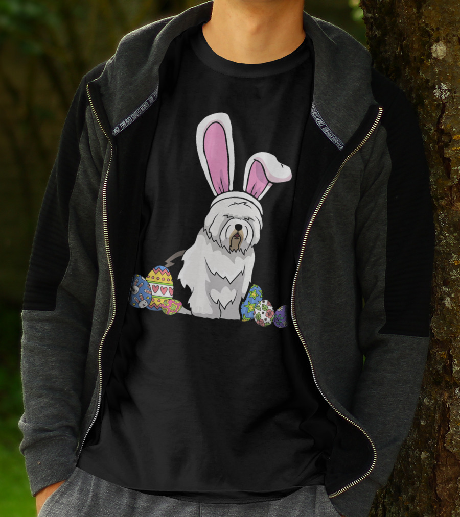 Old English Sheepdog Dressed As Easter Bunny With Colorful Eggs T-Shirt