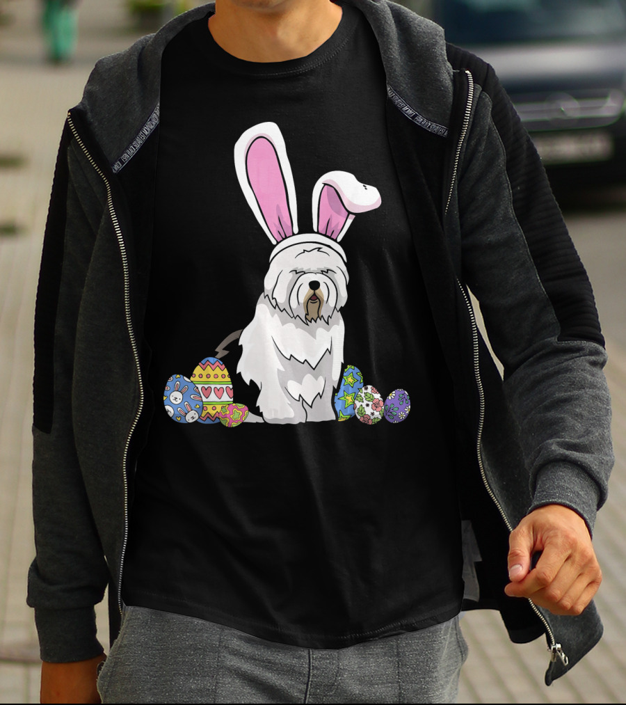 Old English Sheepdog Dressed As Easter Bunny With Colorful Eggs T-Shirt