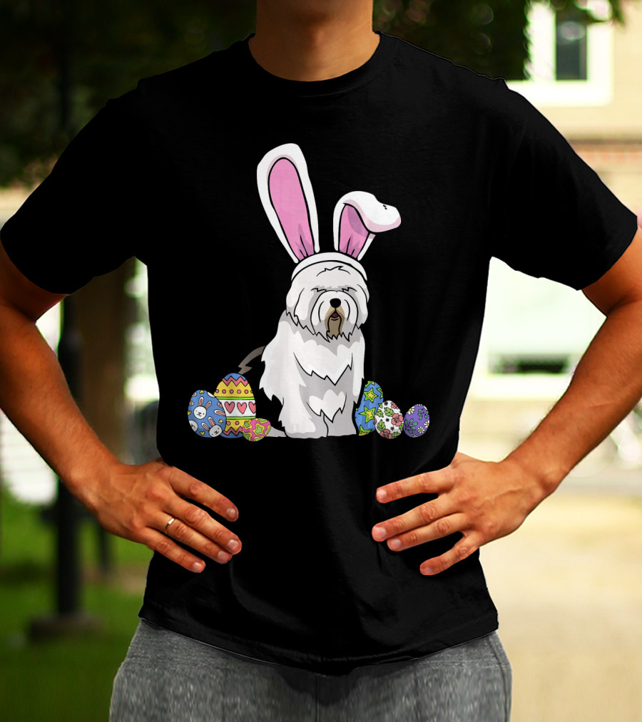 Old English Sheepdog Dressed As Easter Bunny With Colorful Eggs T-Shirt
