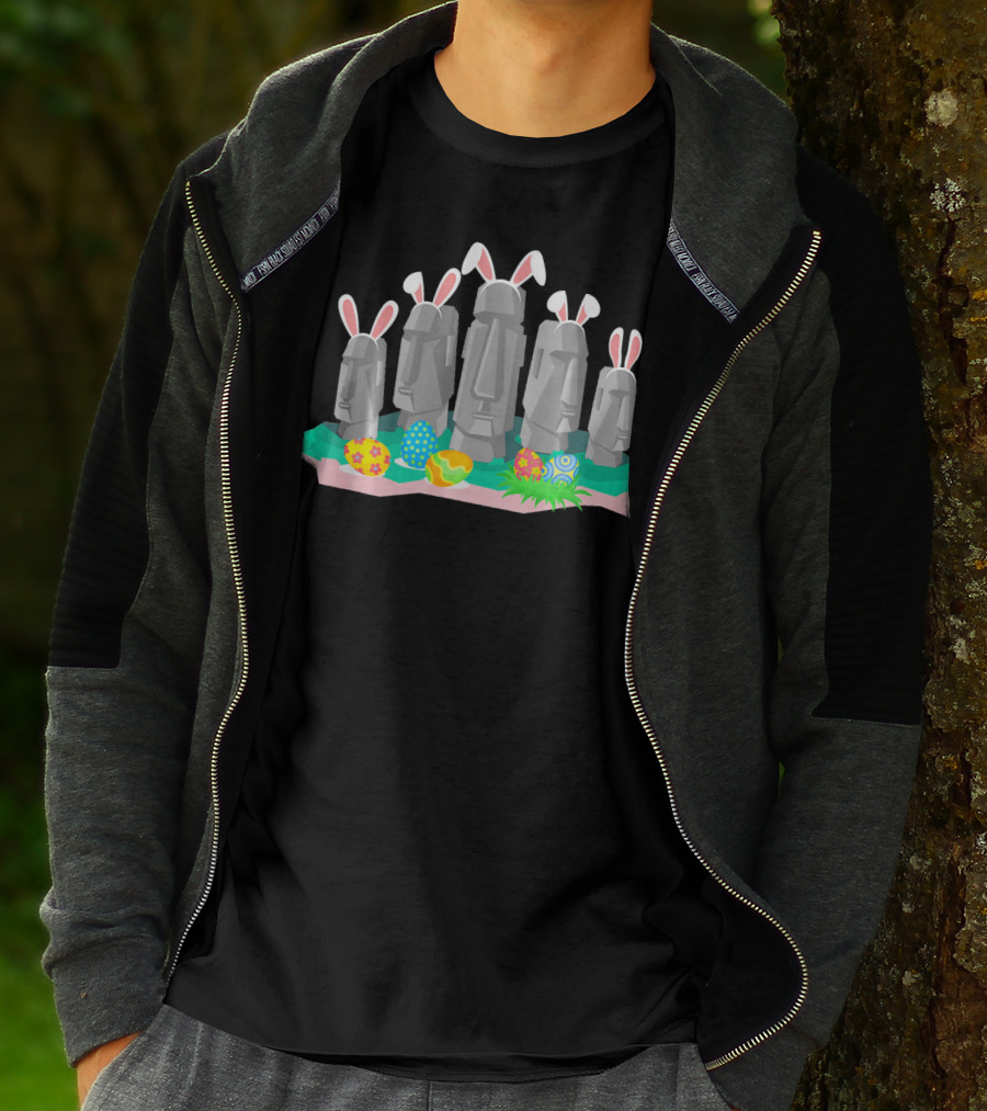 Easter Island Statues With Bunny Ears And Easter Eggs Holiday Humor T-Shirt