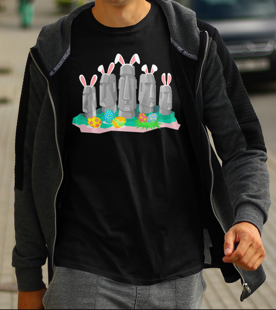 Easter Island Statues With Bunny Ears And Easter Eggs Holiday Humor T-Shirt