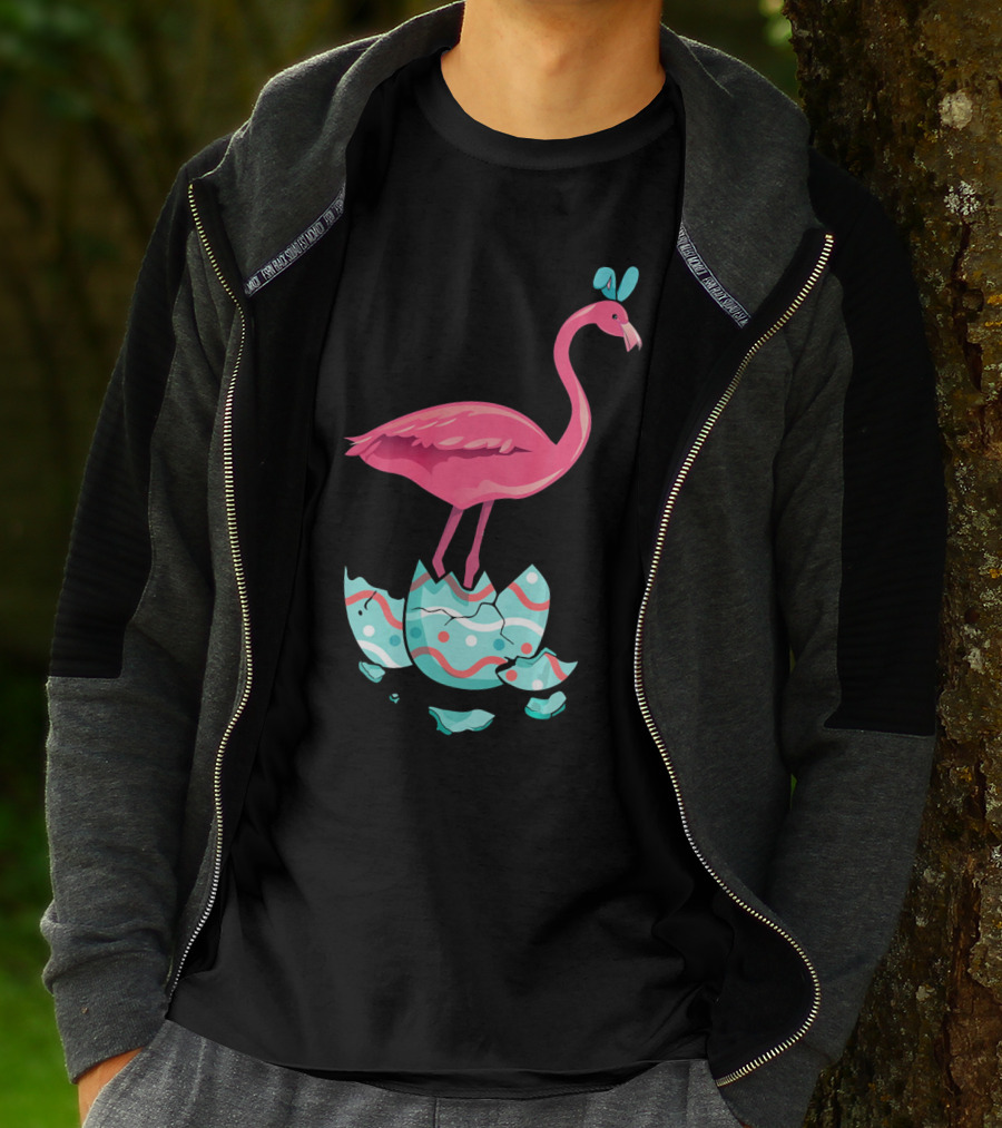 Funny Pink Flamingo On Easter Egg Bun With Bow T-Shirt