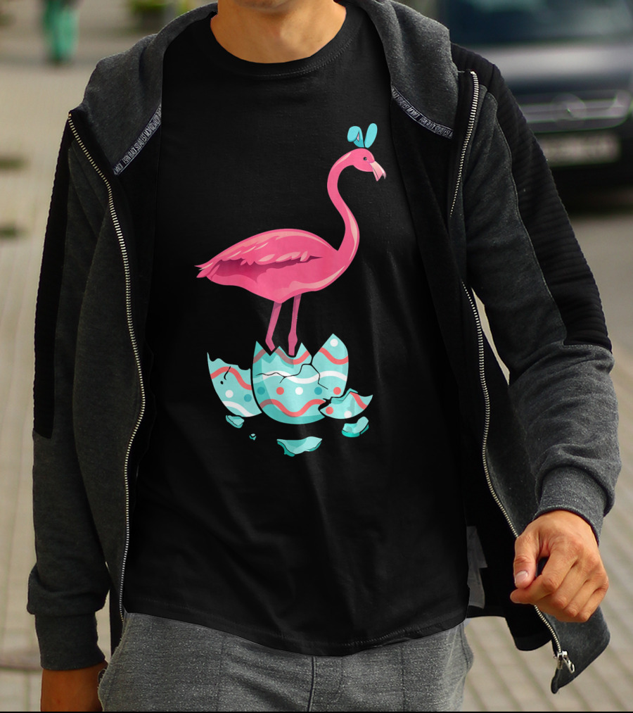Funny Pink Flamingo On Easter Egg Bun With Bow T-Shirt