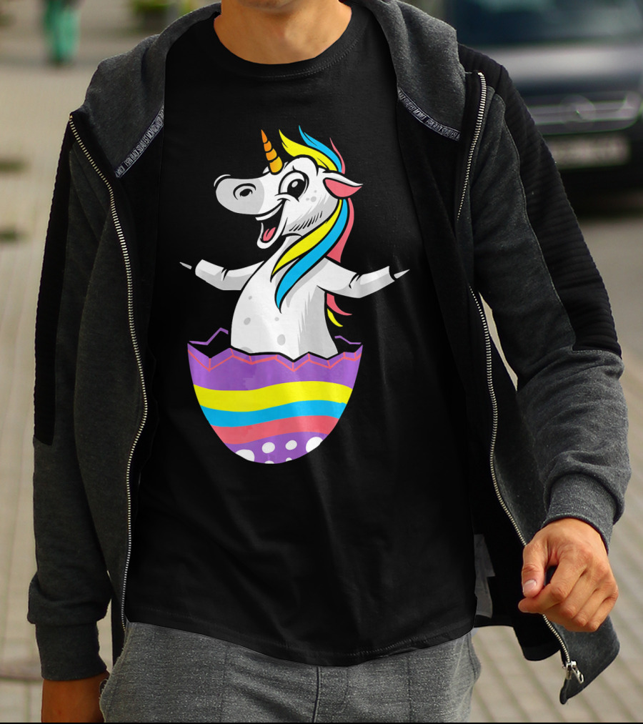 Easter Unicorn In Colorful Striped Egg T-Shirt