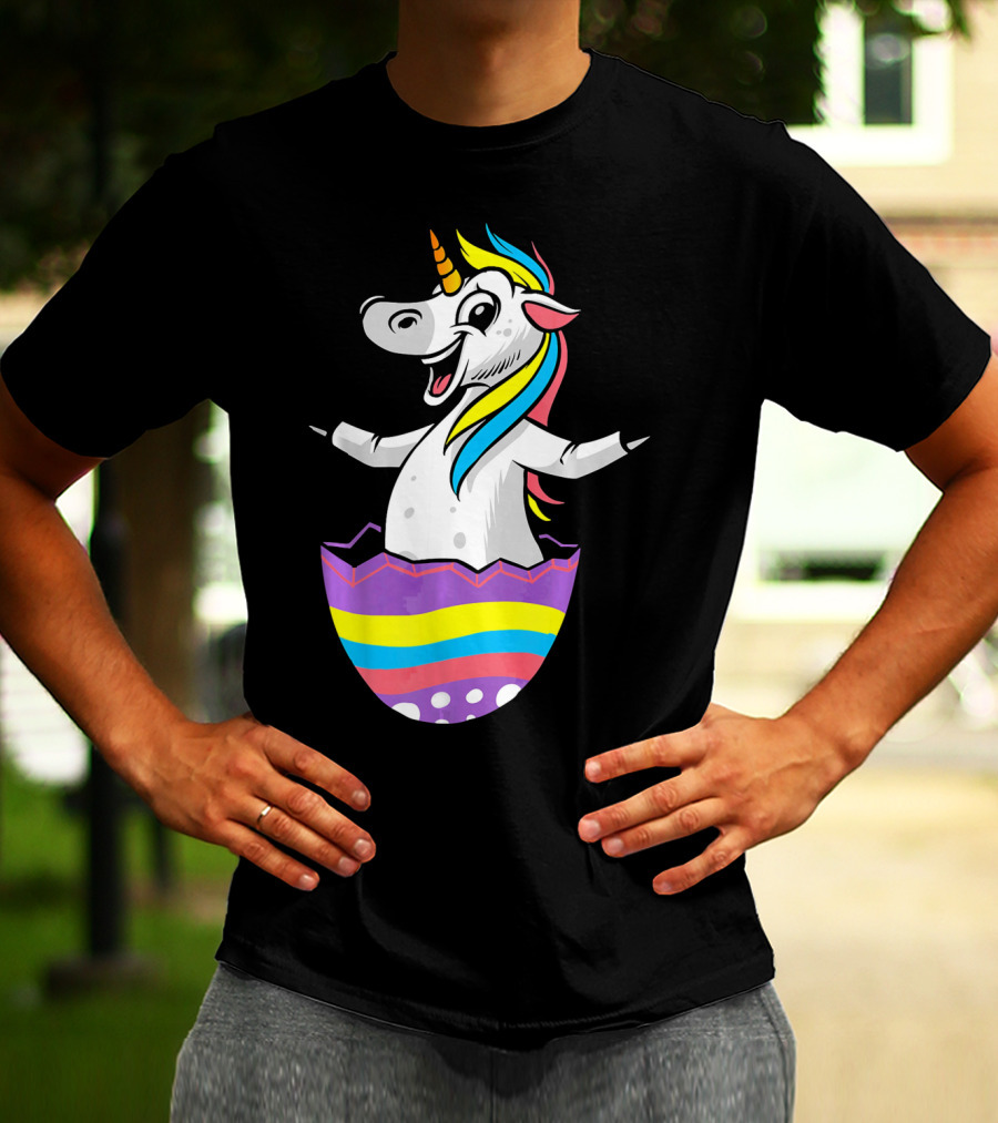 Easter Unicorn In Colorful Striped Egg T-Shirt