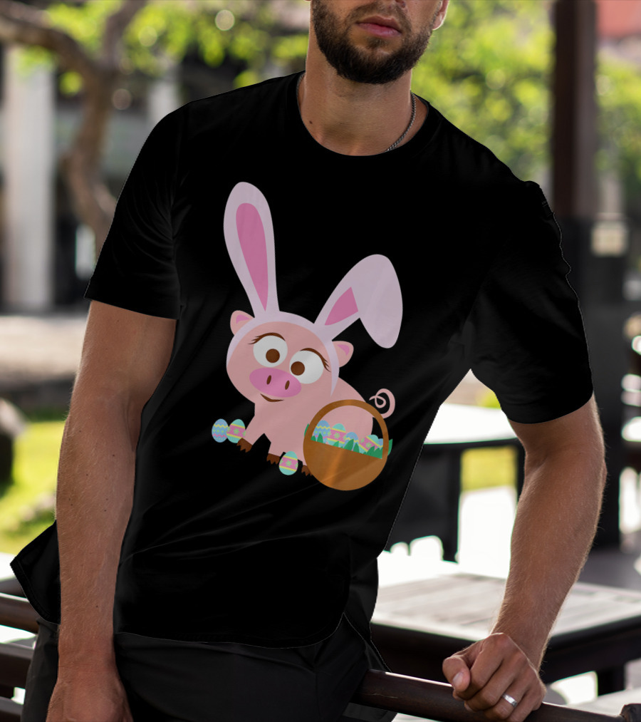 Happy Pig Bunny Ears Easter Eggs Basket T-Shirt