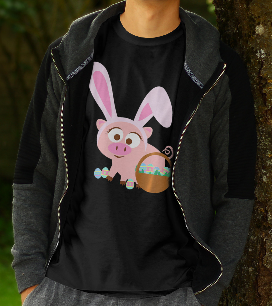 Happy Pig Bunny Ears Easter Eggs Basket T-Shirt
