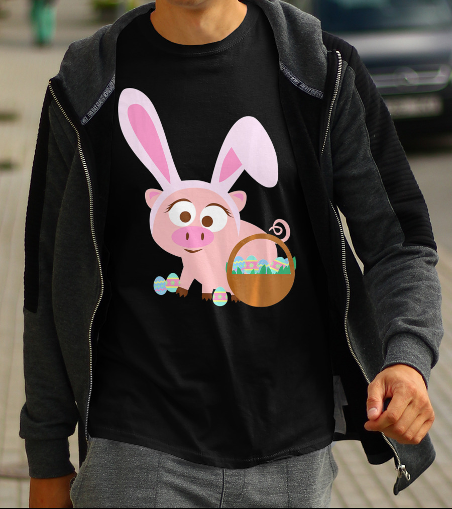 Happy Pig Bunny Ears Easter Eggs Basket T-Shirt