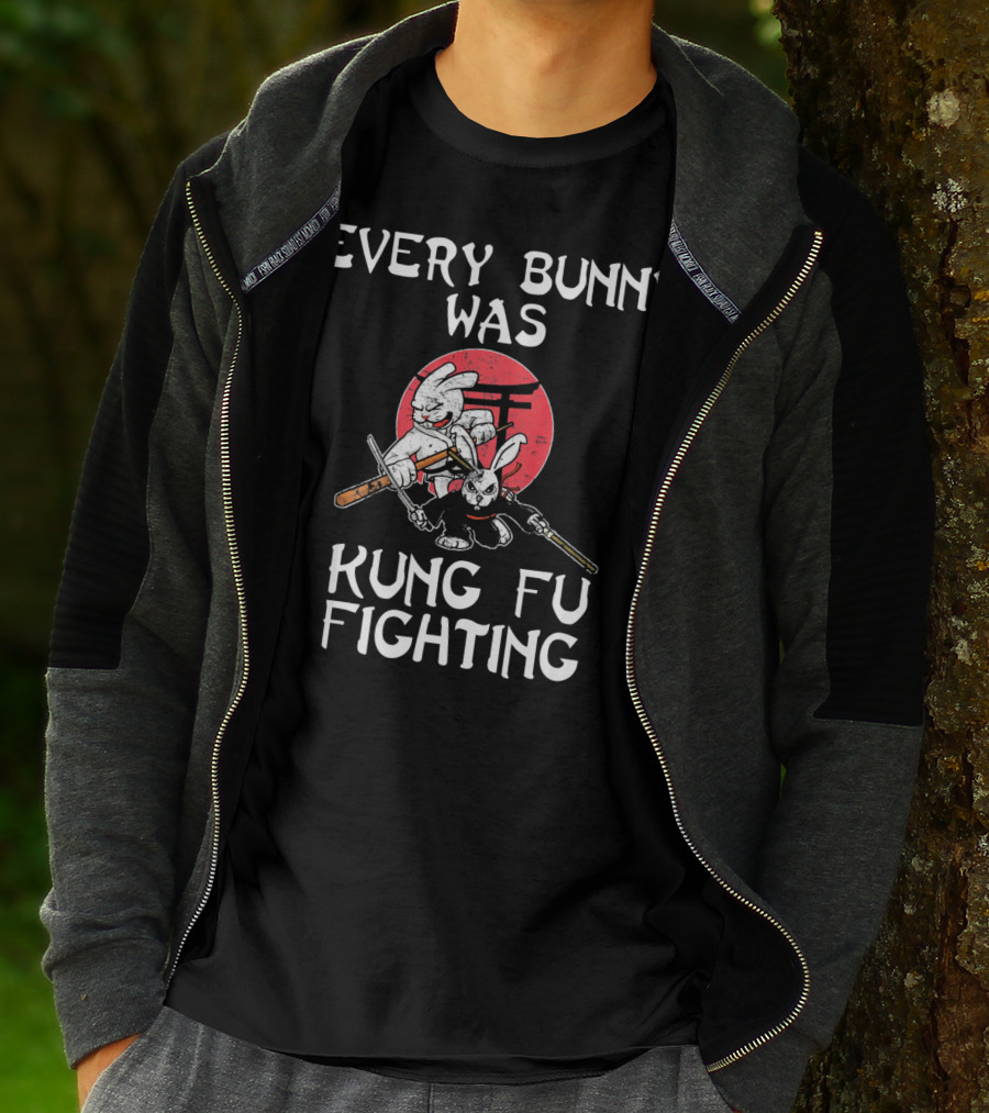 Every Bunny Was Kung Fu Fighting Easter Rabbits With Swords And Red Circle Background T-Shirt