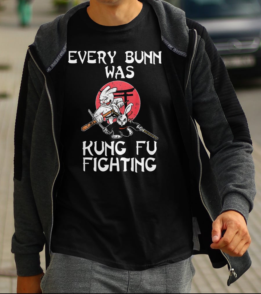 Every Bunny Was Kung Fu Fighting Easter Rabbits With Swords And Red Circle Background T-Shirt