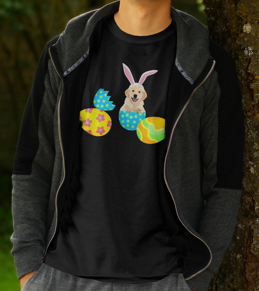 Labrador In Easter Eggs With Bunny Ears And Colorful T-Shirt