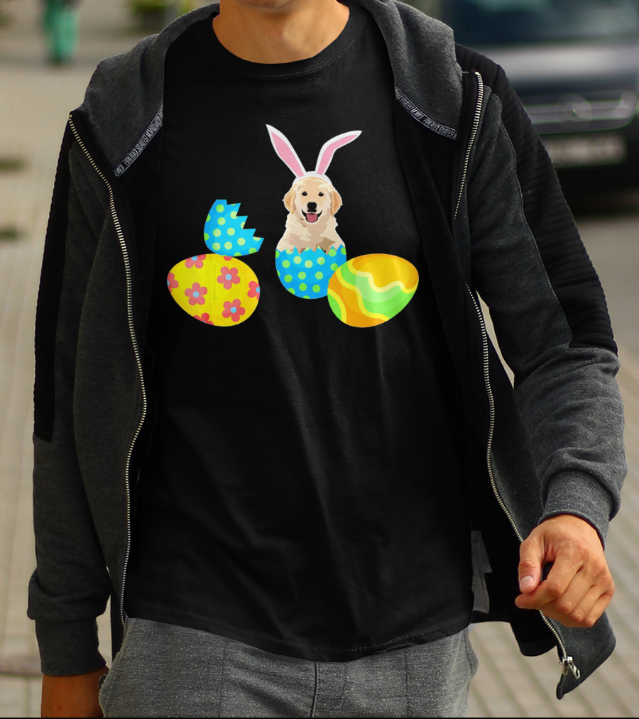 Labrador In Easter Eggs With Bunny Ears And Colorful T-Shirt