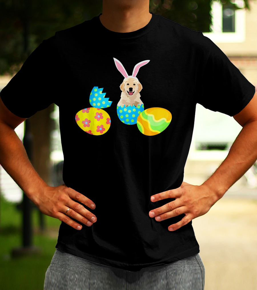 Labrador In Easter Eggs With Bunny Ears And Colorful T-Shirt