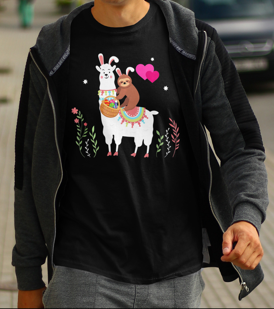 Sloth With Basket On Llama Wearing Easter Bunny Ears With Hearts And Flowers T-Shirt
