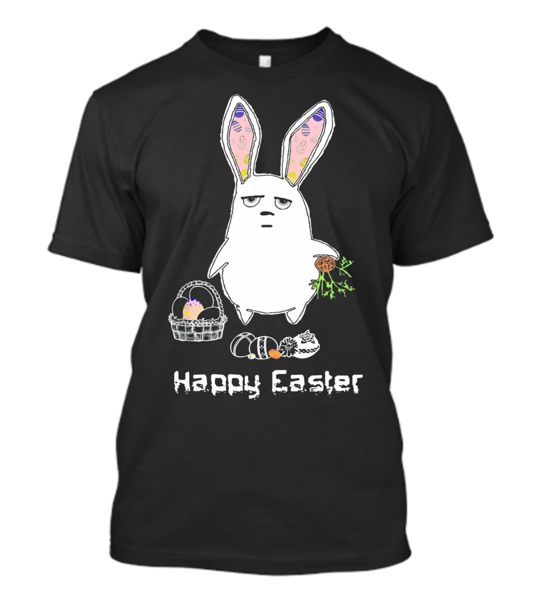 Gloomy Bunny With Easter Basket And Eggs Happy Easter T-Shirt