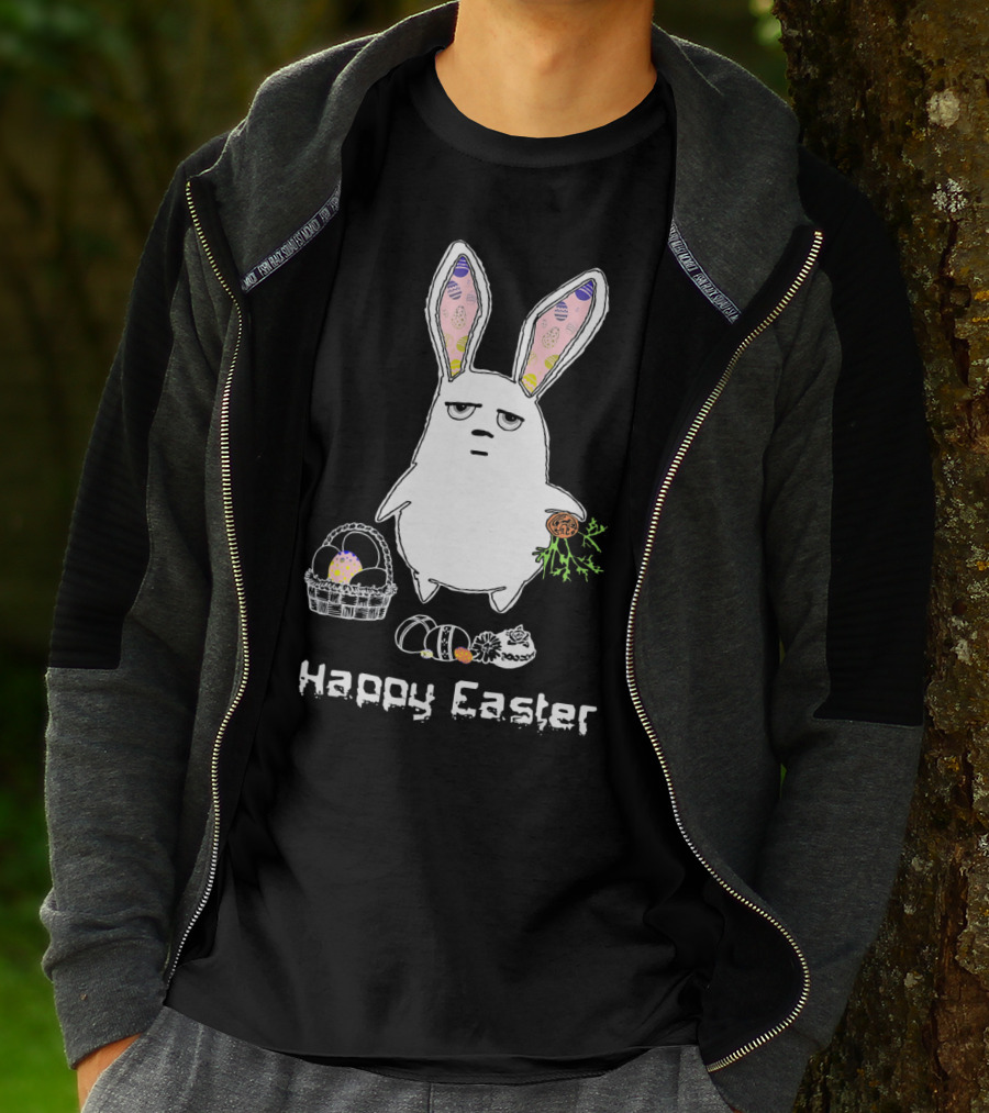 Gloomy Bunny With Easter Basket And Eggs Happy Easter T-Shirt