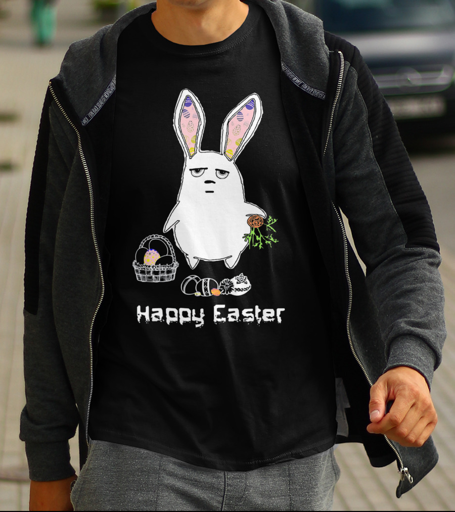 Gloomy Bunny With Easter Basket And Eggs Happy Easter T-Shirt