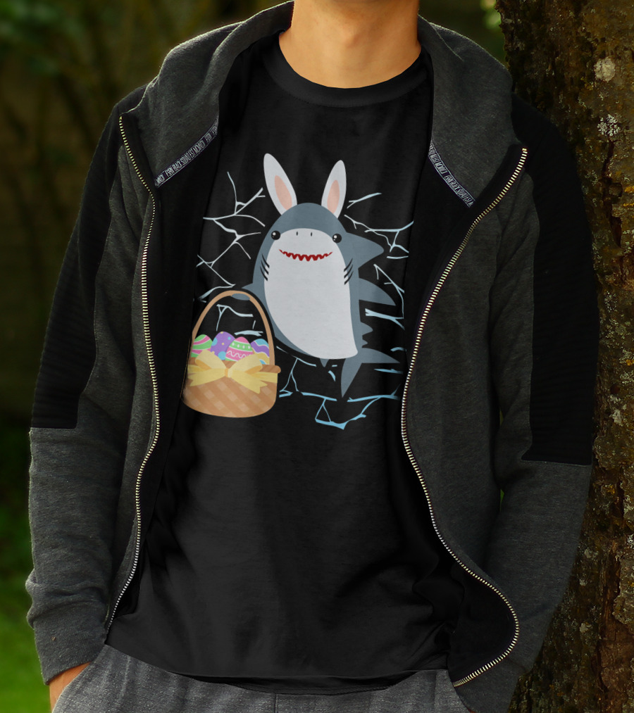 Easter Bunny Shark With Basket Of Eggs And Funny Expression T-Shirt