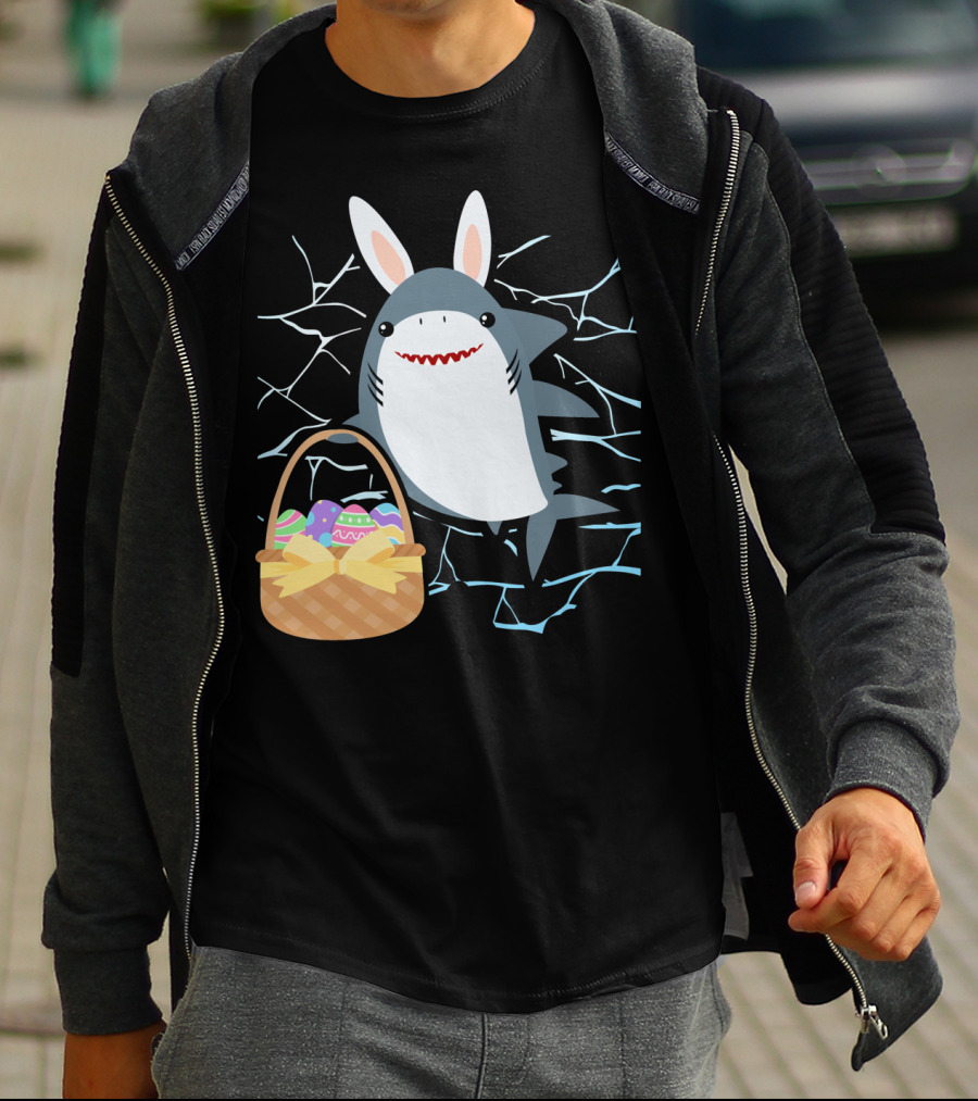 Easter Bunny Shark With Basket Of Eggs And Funny Expression T-Shirt