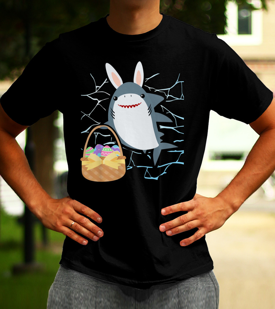 Easter Bunny Shark With Basket Of Eggs And Funny Expression T-Shirt