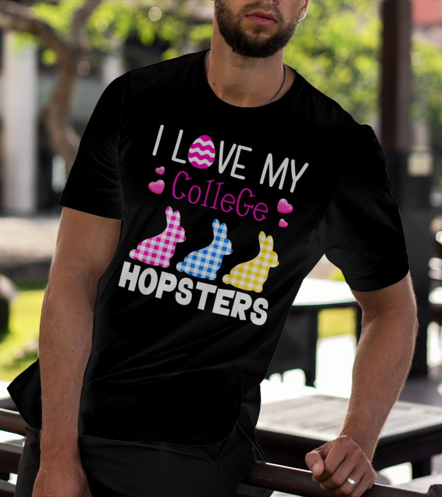 I Love My College Hopsters Easter Bunnies Plaid Hearts T-Shirt