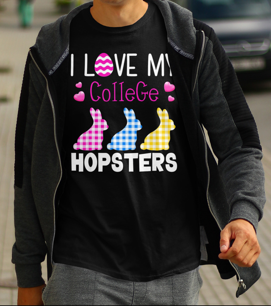 I Love My College Hopsters Easter Bunnies Plaid Hearts T-Shirt