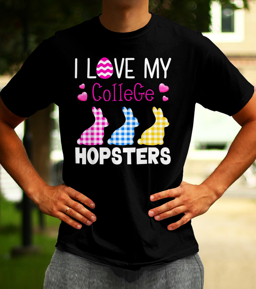 I Love My College Hopsters Easter Bunnies Plaid Hearts T-Shirt