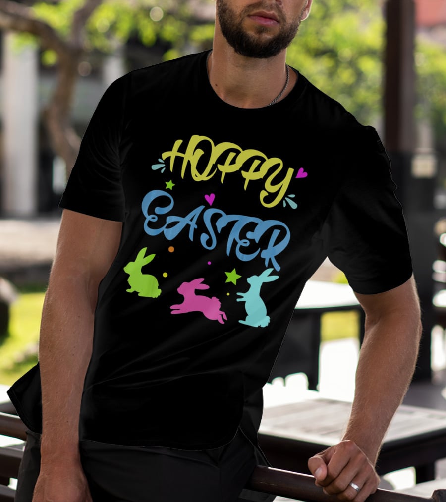 Hoppy Easter Novelty Orthodox Colorful Bunny Silhouettes With Hearts And Stars T-Shirt