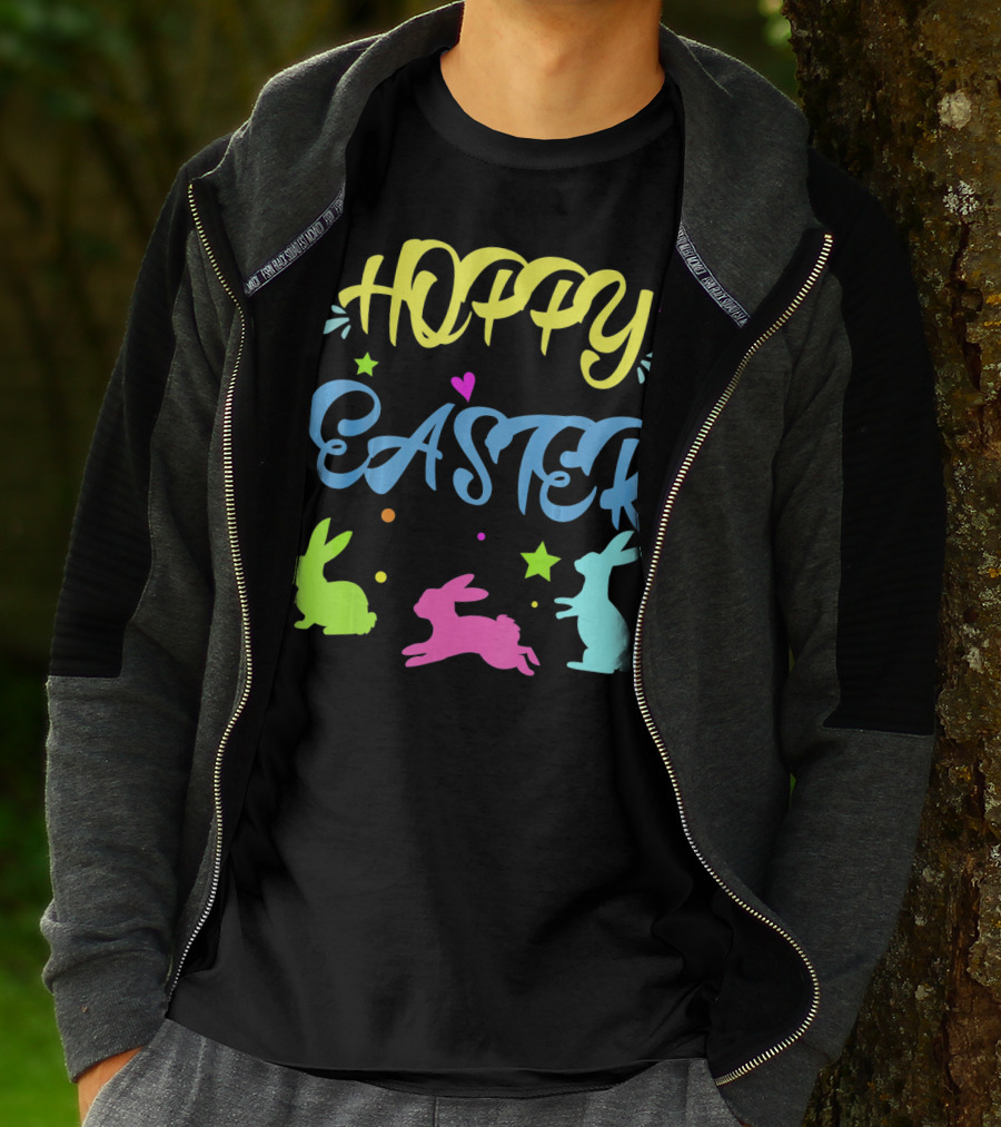 Hoppy Easter Novelty Orthodox Colorful Bunny Silhouettes With Hearts And Stars T-Shirt
