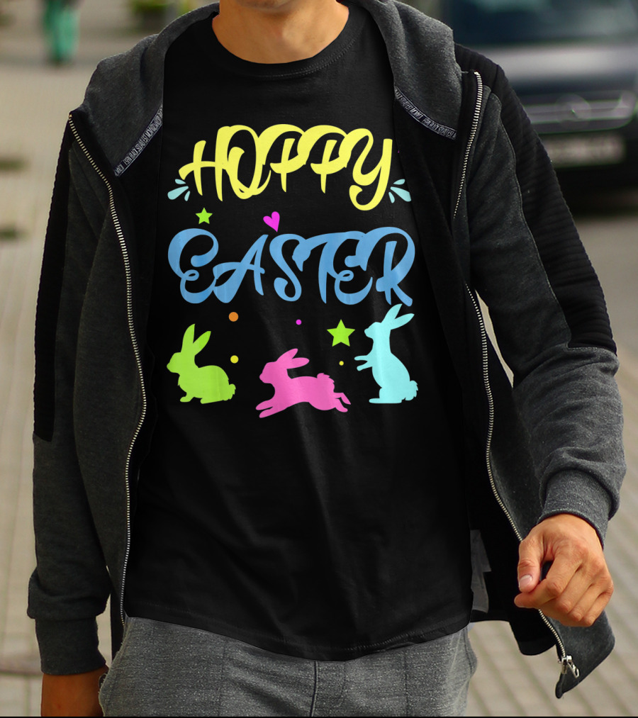 Hoppy Easter Novelty Orthodox Colorful Bunny Silhouettes With Hearts And Stars T-Shirt