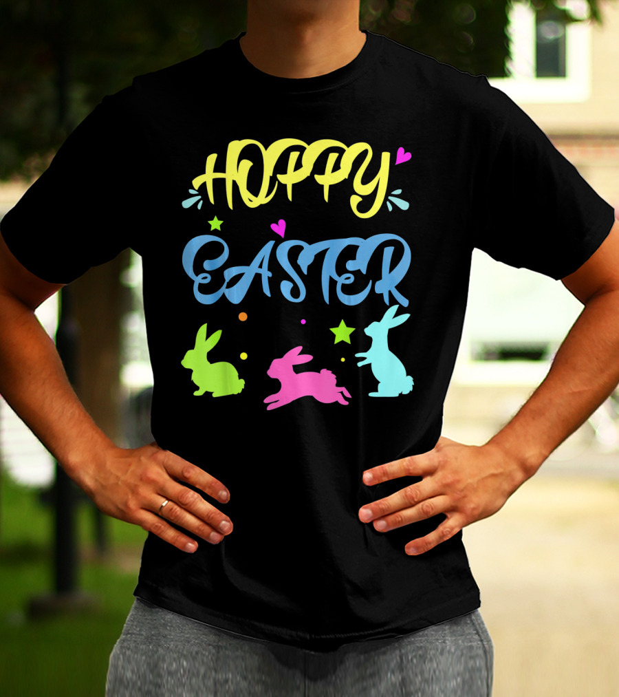 Hoppy Easter Novelty Orthodox Colorful Bunny Silhouettes With Hearts And Stars T-Shirt