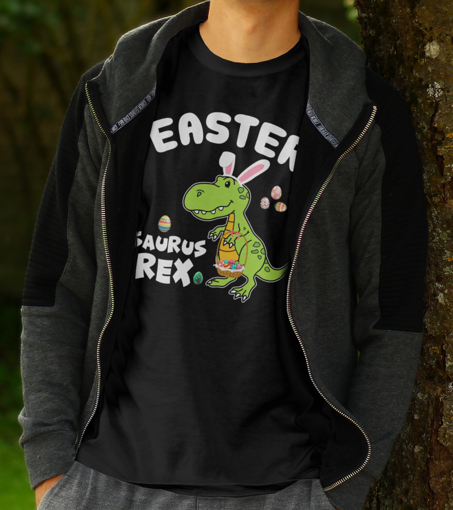 Easter Saurus Rex Dinosaur With Bunny Ears And Colorful Eggs T-Shirt