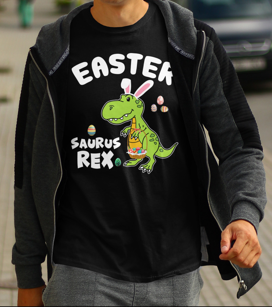 Easter Saurus Rex Dinosaur With Bunny Ears And Colorful Eggs T-Shirt