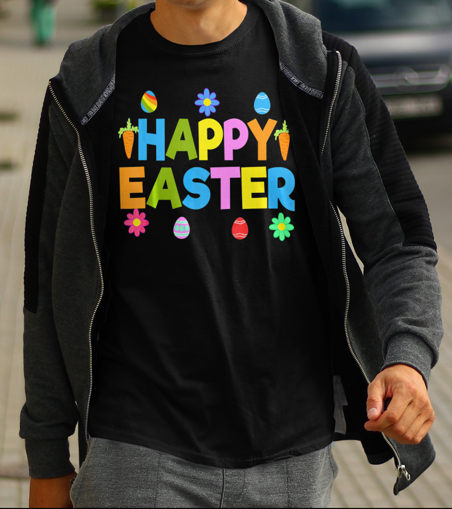 Happy Easter Bunny Carrot Colorful Eggs Flowers T-Shirt