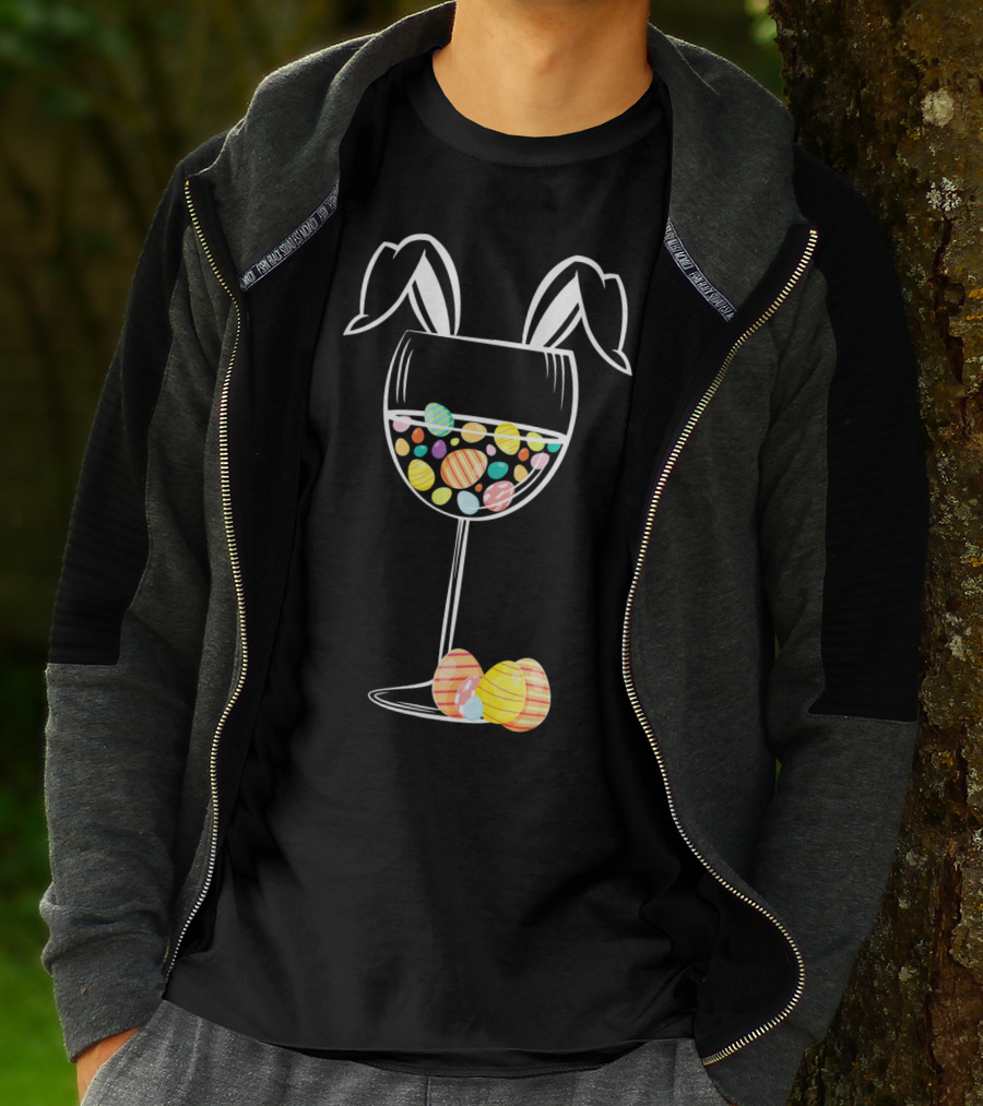 Bunny Ears Wine Glass With Colorful Easter Eggs T-Shirt