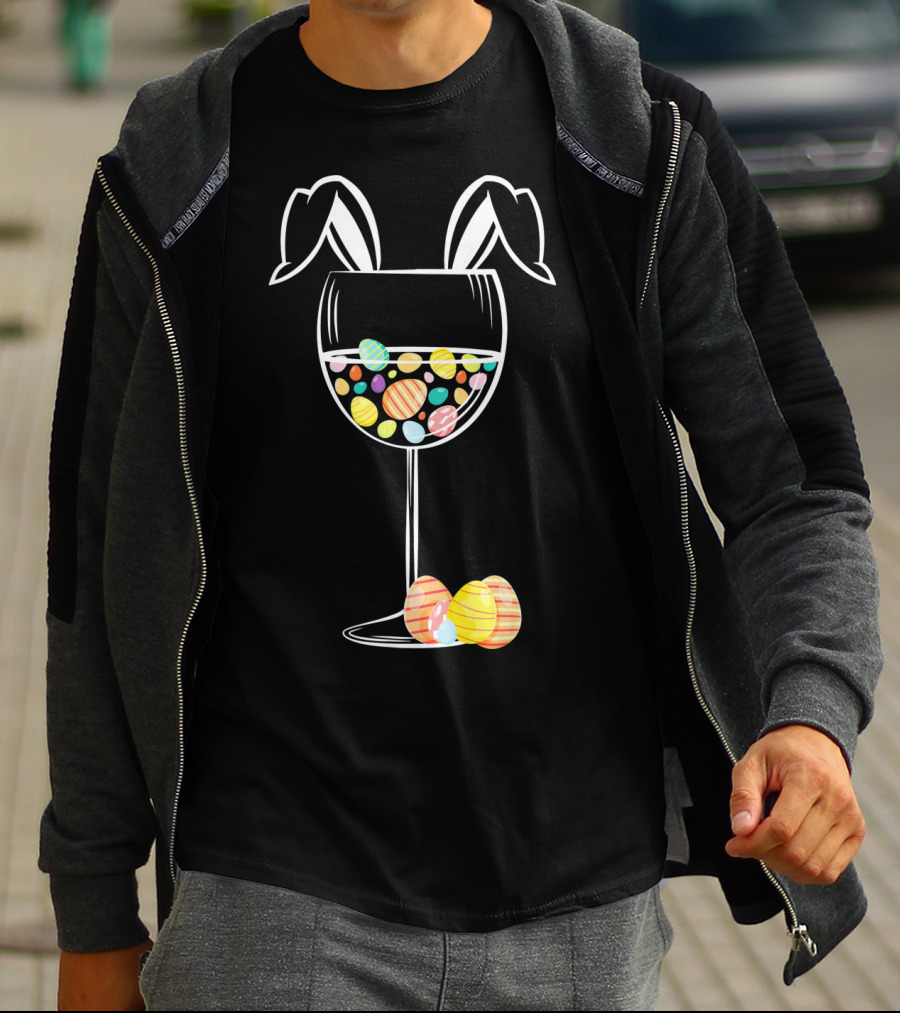 Bunny Ears Wine Glass With Colorful Easter Eggs T-Shirt