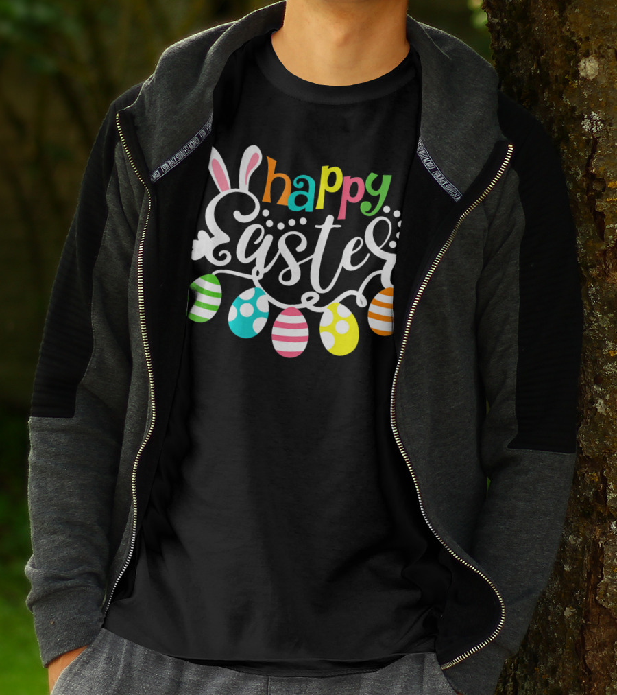 Happy Easter Cute Bunny And Colorful Easter Egg Garland T-Shirt