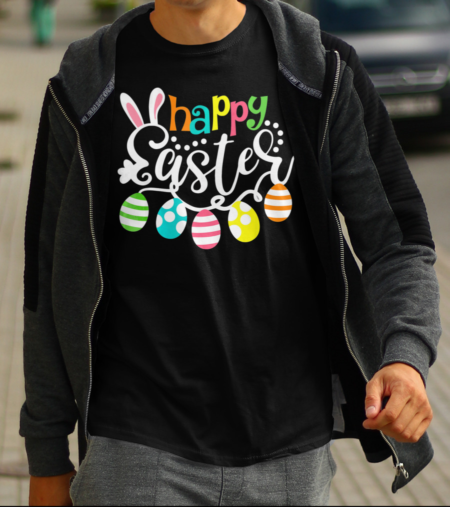 Happy Easter Cute Bunny And Colorful Easter Egg Garland T-Shirt