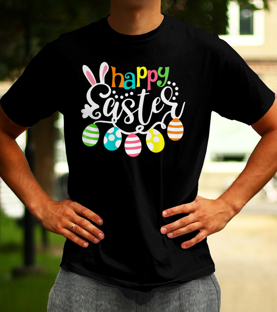Happy Easter Cute Bunny And Colorful Easter Egg Garland T-Shirt
