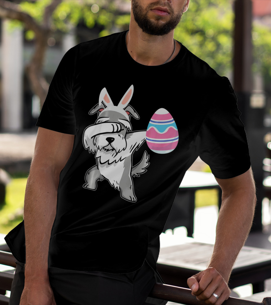 Easter Bunny Ears Schnauzer Dog Dabbing With Colorful Egg T-Shirt
